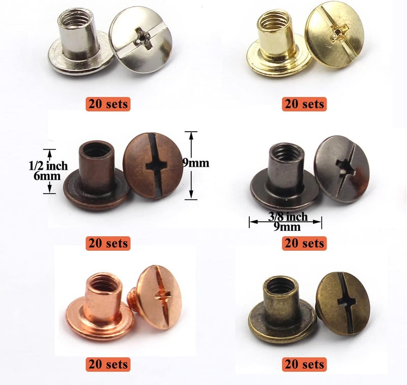 ALLOYPRO 120 Sets Chicago Screws Assorted Kit 6 Color Leather Rivets Screw Rivets Flat Fillister Book Binding Posts Nail Rivet Chicago Bolts for DIY Leather Craft Black Silver Bronze (Colours 5×6mm) - Image 2